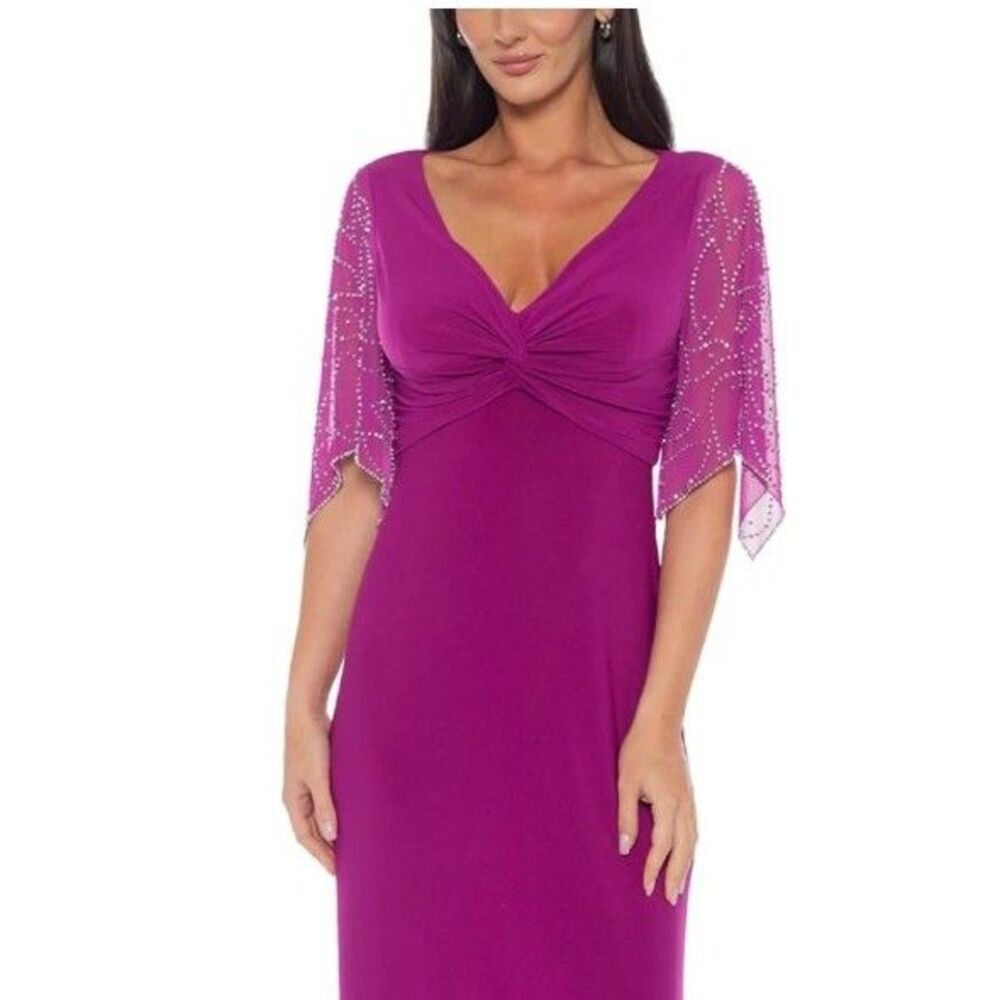 NWT Marina Magenta V-Neck Maxi Dress L Beaded Flowy Sleeve Evening Gown Event